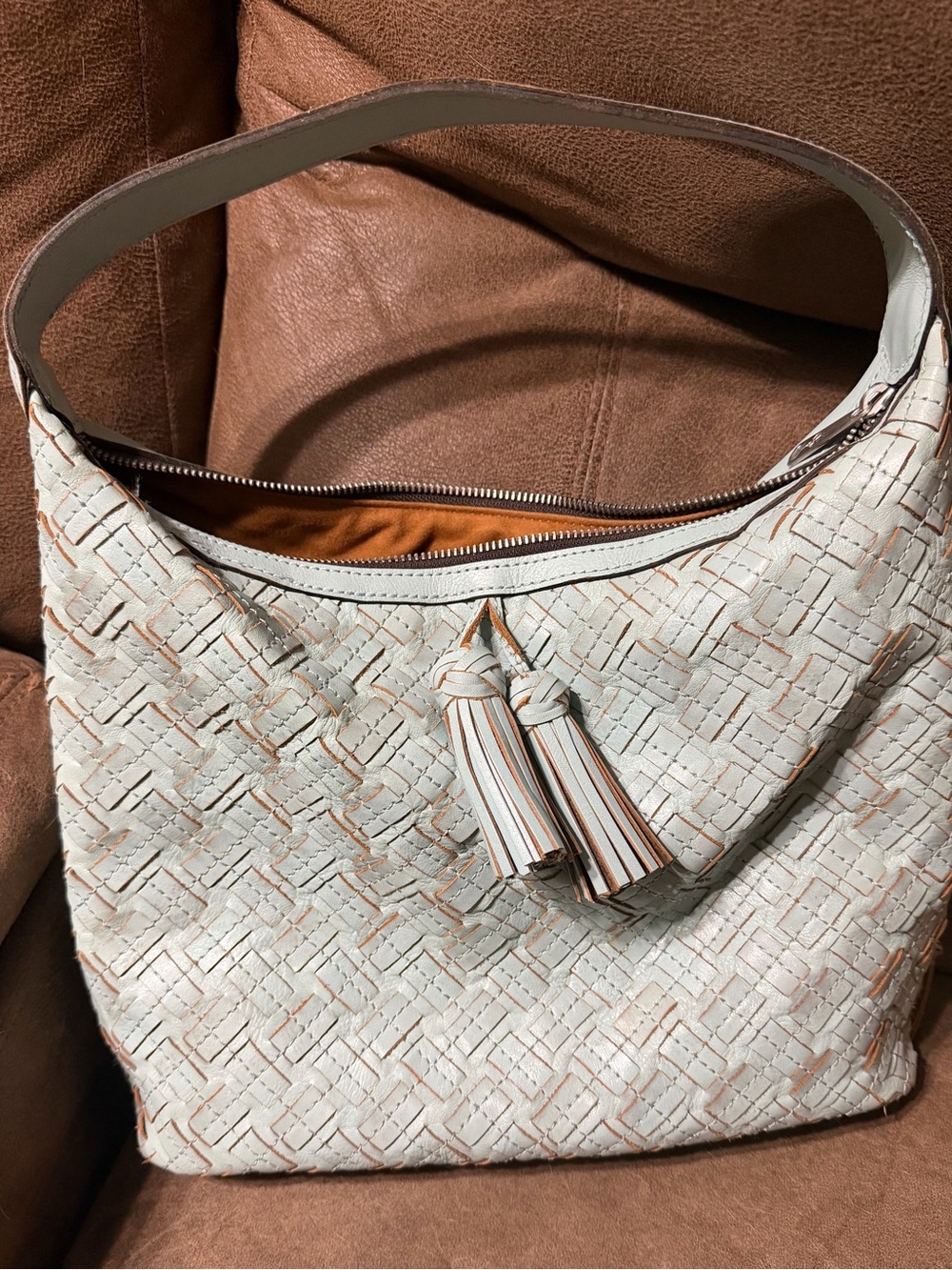 Woven Tassel Hobo Bag - light blue